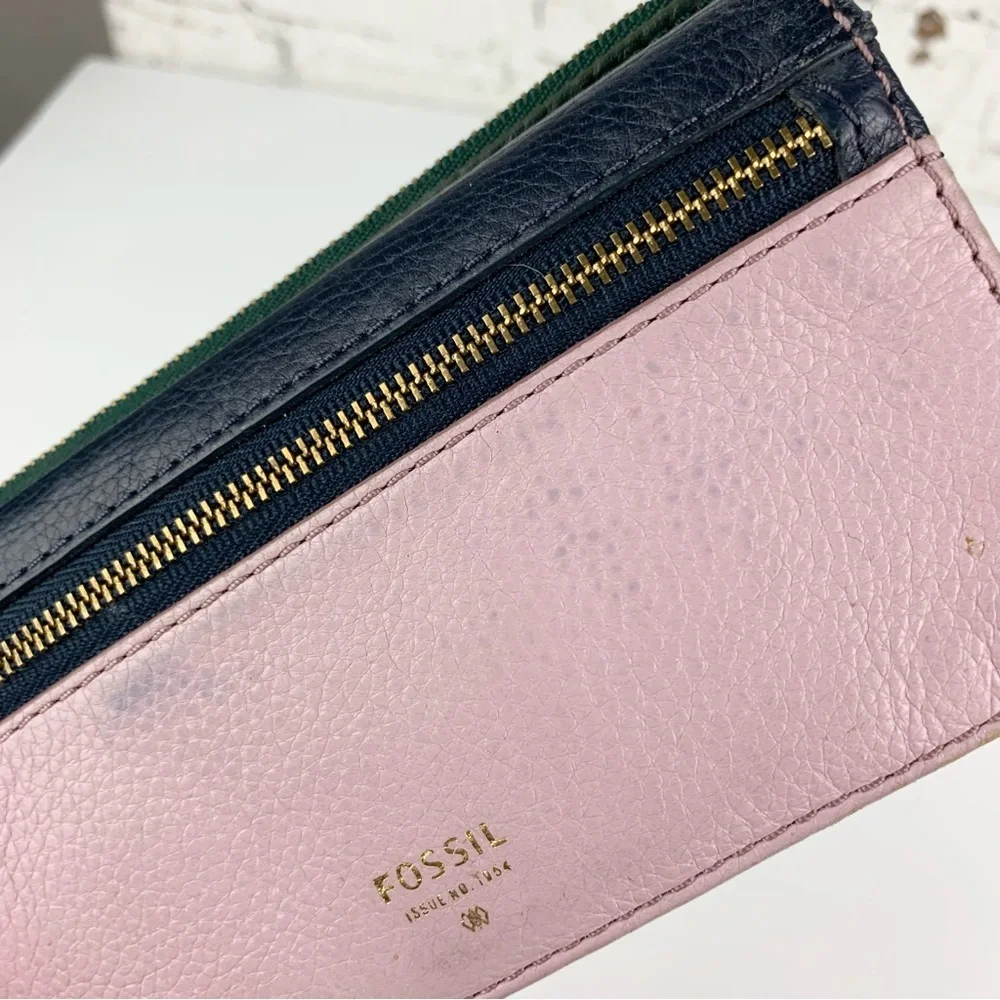 Fossil Purple Green Leather Multicolored Colorblock Bifold Wallet